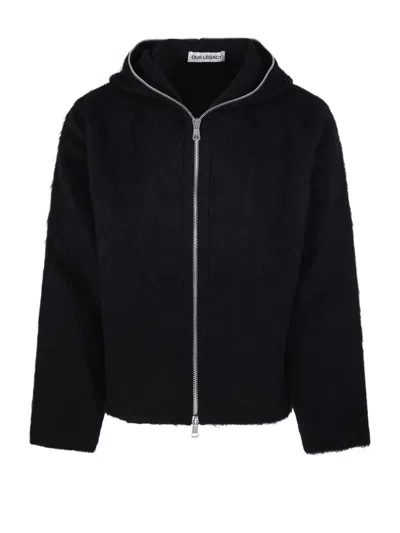 Our Legacy Textured Full Zip Hood Sweatshirt With Cozy Hood In Black