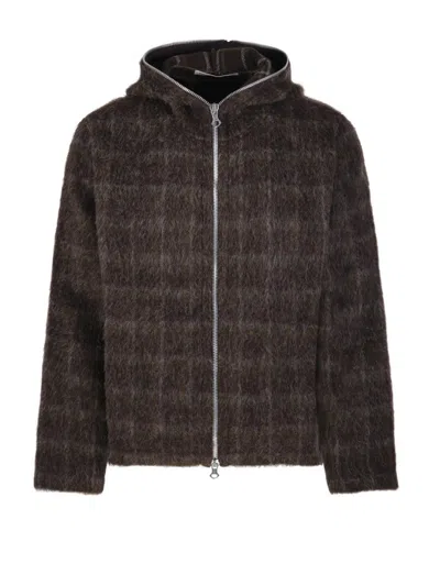 Our Legacy Textured Full Zip Hood Sweatshirt With Cozy Hood In Brown