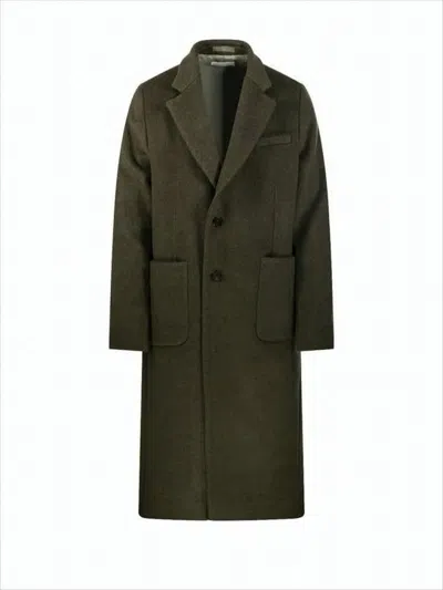 Our Legacy Textured Wool Blend Coat With Structured Lapel In Green