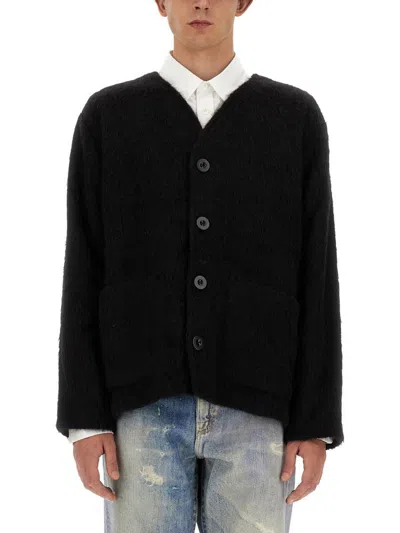 Our Legacy Textured V-neck Cardigan With Button-down Front In Black