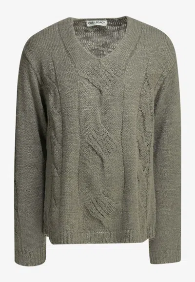 Our Legacy V-neck Maxi Braid Knit Sweater In Green