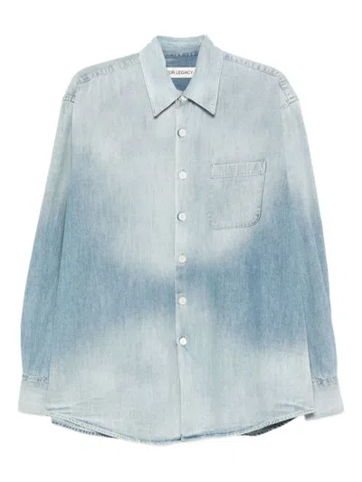 Our Legacy Washed Denim Casual Shirt With Point Collar In Blue