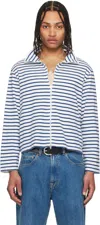 Our Legacy White & Blue Shrunken Fullzip Sweater In Genova Stripe Rough