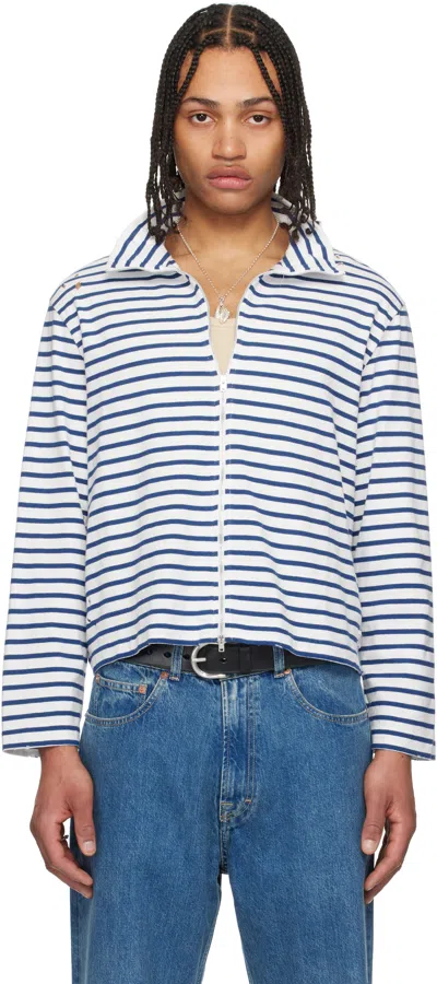 Our Legacy White & Blue Shrunken Fullzip Sweater In Genova Stripe Rough