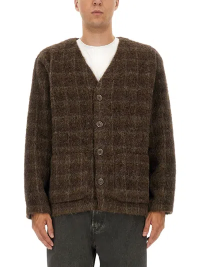 Our Legacy Embroidered Wool Blend V-neck Cardigan With Front Pockets In Brown