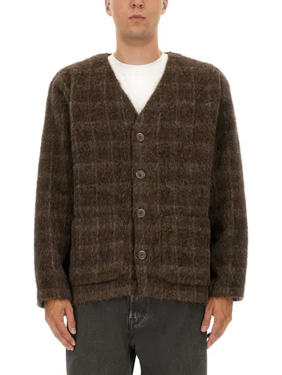 Our Legacy Embroidered Wool Blend V-neck Cardigan With Front Pockets In Brown