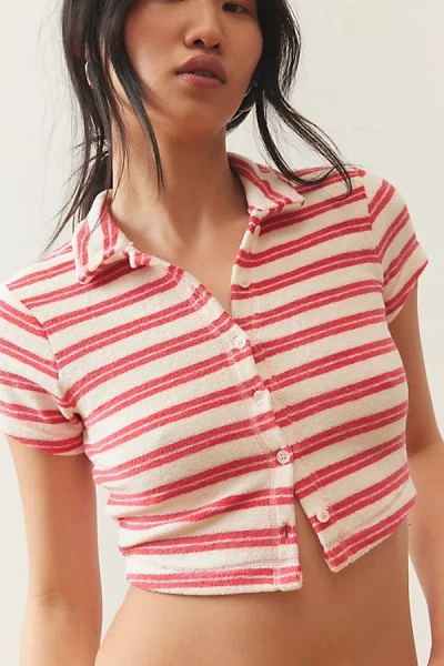 Out From Under Airy Terry Cropped Polo Shirt Top In Pink Combo, Women's At Urban Outfitters