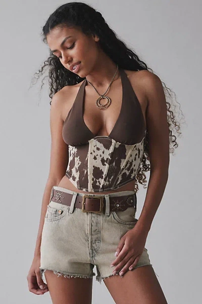 Out From Under Amaya Mesh Halter Corset Top In Brown/spotty Cow, Women's At Urban Outfitters