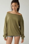 Out From Under Ariana Oversized Off-the-shoulder Sweatshirt In Olive, Women's At Urban Outfitters In Green