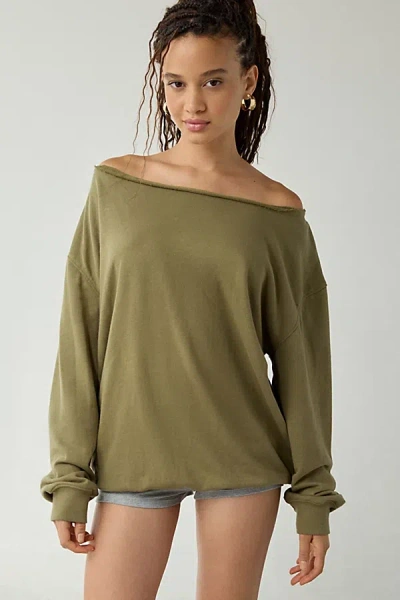 Out From Under Ariana Oversized Off-the-shoulder Sweatshirt In Olive, Women's At Urban Outfitters In Green