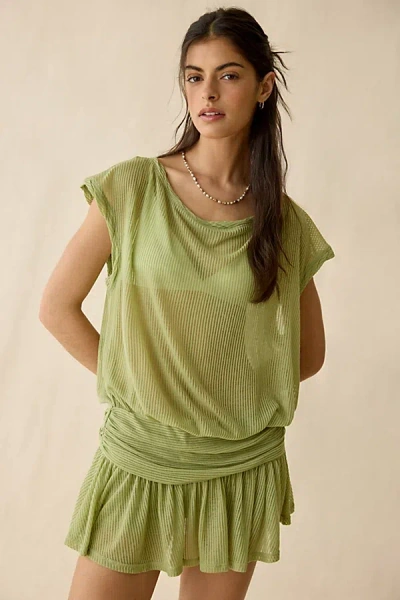 Out From Under Aruba Sheer Mesh Off-shoulder Romper In Olive, Women's At Urban Outfitters In Green