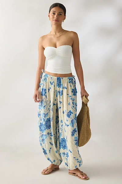 Out From Under Beach Bum Side-tie Balloon Pant In White/blue Floral, Women's At Urban Outfitters In Multi