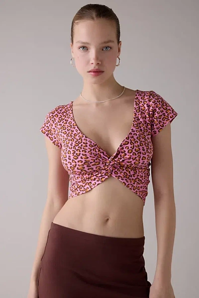 Out From Under Bec Twist-front Cropped Tee Top In Pink Animal Print, Women's At Urban Outfitters In Multi