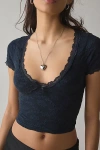 Out From Under Bella Seamless Knit Lace Trim Crop Tee In Black, Women's At Urban Outfitters