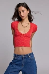 Out From Under Bella Seamless Knit Lace Trim Crop Tee In Red, Women's At Urban Outfitters