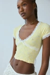 Out From Under Bella Seamless Knit Lace Trim Crop Tee In Yellow, Women's At Urban Outfitters