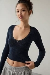 Out From Under Bella Seamless Knit Lace Trim Long Sleeve Tee In Black, Women's At Urban Outfitters In Blue