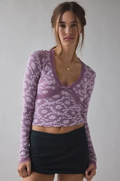 Out From Under Bella Seamless Knit Lace Trim Long Sleeve Tee In Deep Purple, Women's At Urban Outfitters