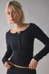 Out From Under Betty Boatneck Long Sleeve Henley Top In Black, Women's At Urban Outfitters In Black