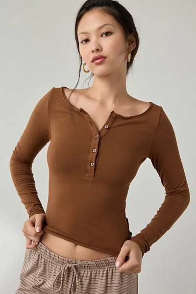 Out From Under Betty Boatneck Long Sleeve Henley Top In Brown, Women's At Urban Outfitters