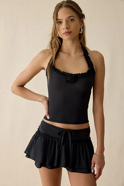 Out From Under Blossom Ruffle Trim Mesh Halter Top In Black, Women's At Urban Outfitters