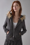 Out From Under Bundle Up Faux Fur Trim Zip-up Hoodie Sweatshirt In Black, Women's At Urban Outfitters