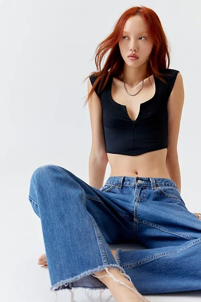 Out From Under Camilla Zip Cropped Baby Tee In Black, Women's At Urban Outfitters