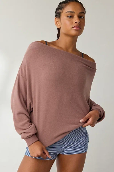 Out From Under Clarity Cozy Knit Off-the-shoulder Top In Brown, Women's At Urban Outfitters