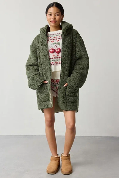 Out From Under Cloud Nine Reversible Fleece Hooded Teddy Jacket In Olive, Women's At Urban Outfitters In Green