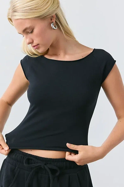 Out From Under Cotton Compression Boatneck Cropped Tee Top In Black, Women's At Urban Outfitters