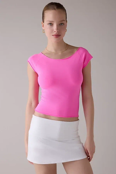 Out From Under Cotton Compression Boatneck Cropped Tee Top In Neon Pink, Women's At Urban Outfitters