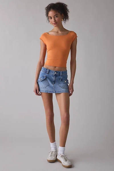 Out From Under Cotton Compression Boatneck Cropped Tee Top In Orange, Women's At Urban Outfitters
