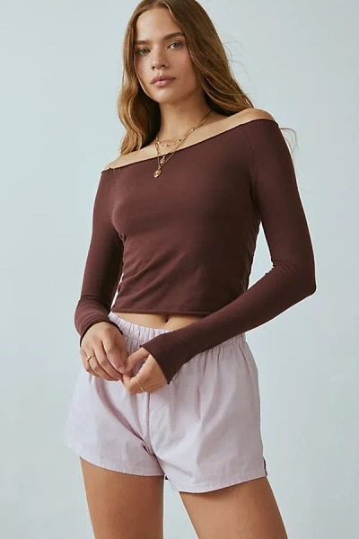 Out From Under Cotton Compression Boatneck Long Sleeve Top In Brown, Women's At Urban Outfitters