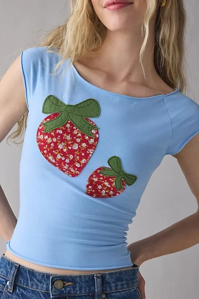 Out From Under Cotton Compression Boatneck Strawberry Graphic Tee In Sky, Women's At Urban Outfitters In Blue