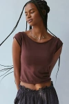 Out From Under Cotton Compression Boatneck Cropped Tee Top In Dark Brown, Women's At Urban Outfitters