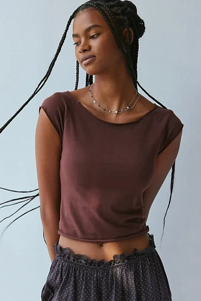 Out From Under Cotton Compression Boatneck Cropped Tee Top In Dark Brown, Women's At Urban Outfitters
