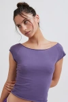 Out From Under Cotton Compression Boatneck Cropped Tee Top In Dark Purple, Women's At Urban Outfitters