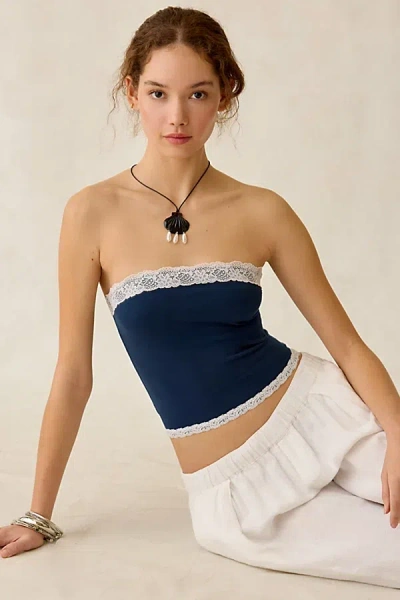 Out From Under Cotton Compression Lace Trim Tube Top In Blue, Women's At Urban Outfitters