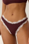 Out From Under Dalilah Ribbed Lace Trim Thong In Chocolate, Women's At Urban Outfitters In Burgundy