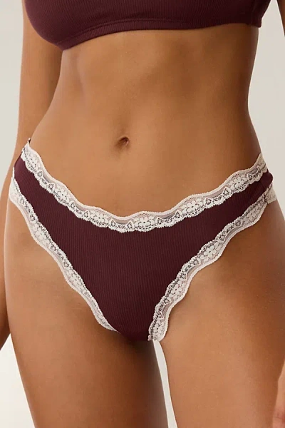 Out From Under Dalilah Ribbed Lace Trim Thong In Chocolate, Women's At Urban Outfitters In Burgundy