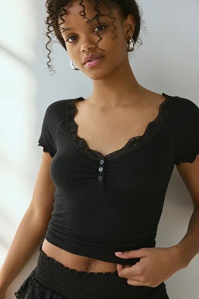 Out From Under Diana Layering Lace-trim Henley Tee In Black, Women's At Urban Outfitters
