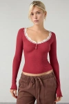 Out From Under Diana Layering Lace-trim Henley Top In Berry, Women's At Urban Outfitters In Red