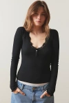 Out From Under Diana Layering Lace-trim Henley Top In Black, Women's At Urban Outfitters In Black