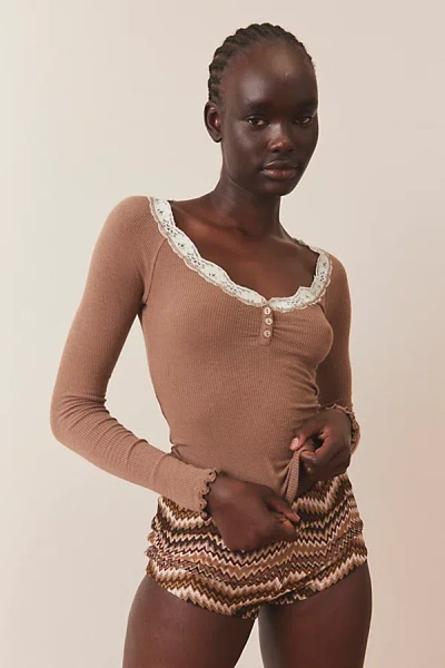 Out From Under Diana Layering Lace-trim Henley Top In Brown, Women's At Urban Outfitters In Brown