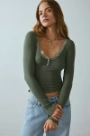 Out From Under Diana Layering Lace-trim Henley Top In Olive, Women's At Urban Outfitters