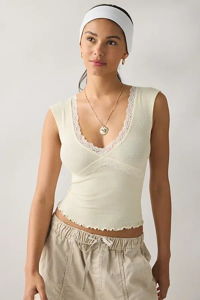 Out From Under Diana Plunging Lace Trim Cap Sleeve Top In Yellow, Women's At Urban Outfitters In Neutral