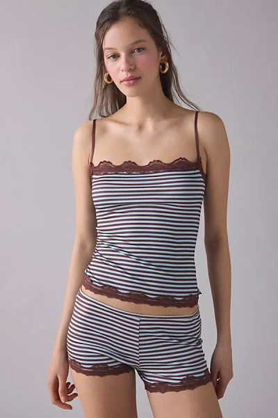 Out From Under Elise Lace Trim Cami + Micro Shorts Pj Set In Mint/brown Stripe, Women's At Urban Outfitters