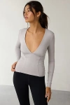 Out From Under Fuseform Seamed Plunge Long Sleeve Top In Grey, Women's At Urban Outfitters In Gray