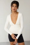 Out From Under Fuseform Seamed Plunge Long Sleeve Top In White, Women's At Urban Outfitters