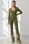 Out From Under Fuseform Snow Bunny Zip-front Long Sleeve Jumpsuit In Olive, Women's At Urban Outfitters In Green